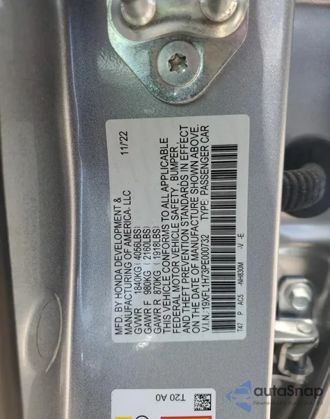 2023 Honda Civic Exl из США, поврежденный, VIN 19XFL1H73PE000732